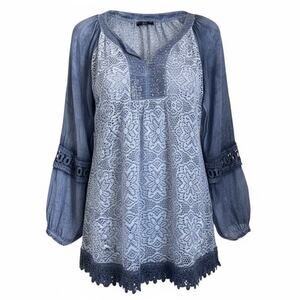 UNE Made In Italy Blue Lace Blouse Silk Blend Sequin Boho Tunic Top M/L